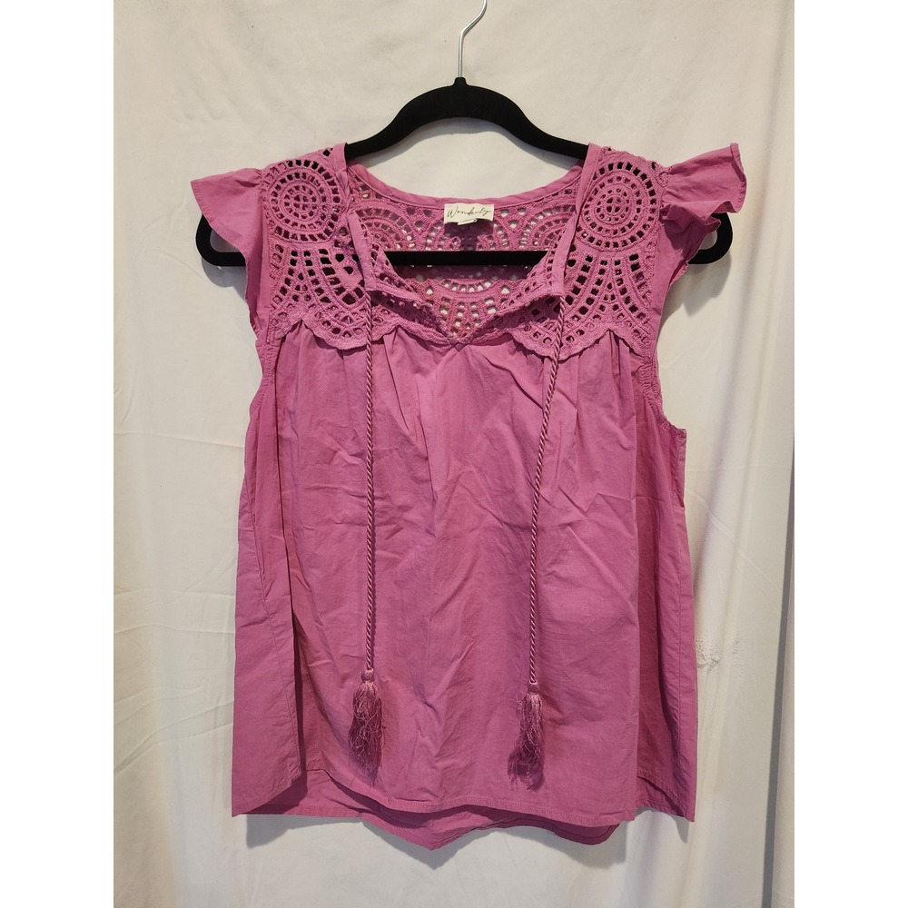 Cottagecore Wonderly Pink Crochet Lace Flutter Sleeve Tassel Tie Cotton Top PS